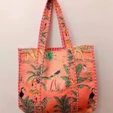 Indian Peach Tiger Printed Quilted Shoulder Bag – Women’s Cotton Handbag