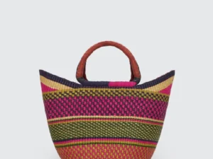 Woven Market Basket Bag with Leather Handles | Shopper Bag for Shopping, Beach, Picnic | Eco-Friendly Natural Bag