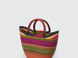 Woven Market Basket Bag with Leather Handles | Shopper Bag for Shopping, Beach, Picnic | Eco-Friendly Natural Bag