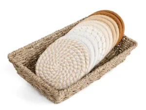 Boho Drink Coasters & Seagrass Basket Holder Set – 12 Pcs Absorbent Cotton Coasters for Coffee Table with Handwoven Seagrass Basket