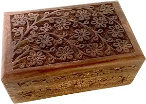 Floral Carved Handmade Wooden Box 4″x6″ – Jewelry, Tarot, and Keepsake Storage