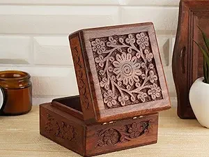 Ajuny Handcrafted Wooden Indian Carving Box Jewelry Storage Holder Trinket Keepsake Earrings Watch Ring Box Perfect Best Gifts 4×4 Inch