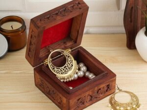 Ajuny Handcrafted Wooden Indian Carving Box Jewelry Storage Holder Trinket Keepsake Earrings Watch Ring Box Perfect Best Gifts 4×4 Inch