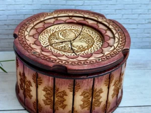 Round Handmade Wooden box Celtic Tree of Life for jewelry, tatting shuttle Life Tree Multipurpose Box