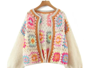 Women Crochet Square Handmade Knitted V-neck Short Sweater Coat Cardigan Jumpers