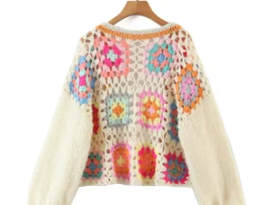 Women Crochet Square Handmade Knitted V-neck Short Sweater Coat Cardigan Jumpers