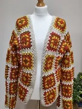 Handmade Size Large Crochet Open Cardigan Chunky Square Knit Granny