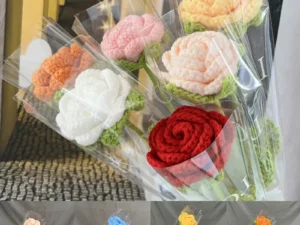 DIY Handmade Knitted Crochet Flower Rose Tulips Artificial Flowers Bouquet Decor