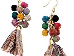 Handmade Earrings for Women Colorful Upcycled Fabric Beads Boho Statement Drop Dangle Style