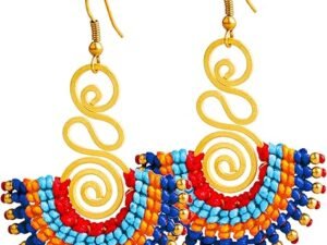 Boho Dangling Earrings for Women and Teen Girls – Handmade Cute Jewelry for a Trendy or Hippie Look, Mexican Fun Earrings for Green, Blue, Black or Red Outfits, Gold Earrings, Gift