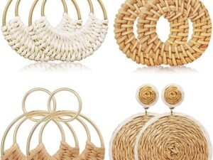 4 Pairs Handmade Raffia Rattan Bohemian Round Drop Dangle Earrings for Women, Boho Statement Cute Fun Hoop Earrings Set