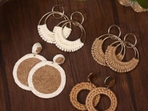 4 Pairs Handmade Raffia Rattan Bohemian Round Drop Dangle Earrings for Women, Boho Statement Cute Fun Hoop Earrings Set