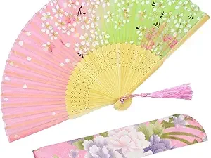 OMyTea® Handheld Silk Folding Fan with Bamboo Frame – Handmade Oriental Style with Fabric Sleeve