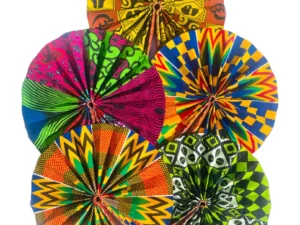 African Print Hand Held Folding Fan Handmade Fabric Decor Portable Leather Strap