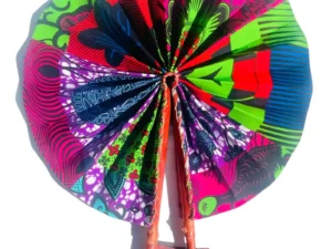 African Print Hand Held Folding Fan Handmade Fabric Decor Portable Leather Strap