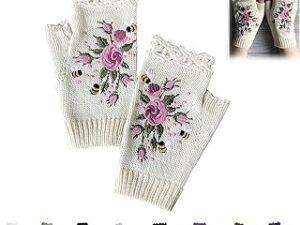 Hand Embroidered Gloves, 2023 New Women’s Knitted Gloves Flower Gloves, Winter Handmade Embroidery Knit Fingerless Gloves