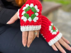 Christmas Crochet Gloves, Cotton Fingerless Gloves, Red Winter Gloves, Granny Square Gloves, Hand-knitted Gloves, Handmade Gloves