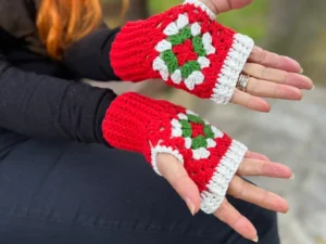 Christmas Crochet Gloves, Cotton Fingerless Gloves, Red Winter Gloves, Granny Square Gloves, Hand-knitted Gloves, Handmade Gloves