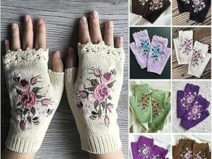 Hand Embroidered Gloves, 2023 New Women’s Knitted Gloves Flower Gloves, Winter Handmade Embroidery Knit Fingerless Gloves