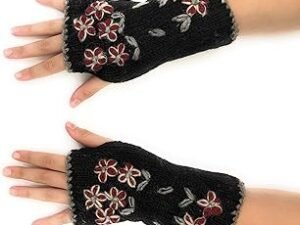 Hand Knit Fingerless Embroidered Flower Winter Wool Texting Gloves Mittens Warm Fleece Lined