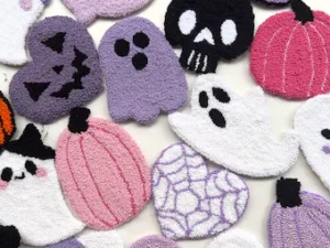 Handmade Spooky Halloween Punch Needle Coasters – Set of Purple Pumpkin Drink Mats