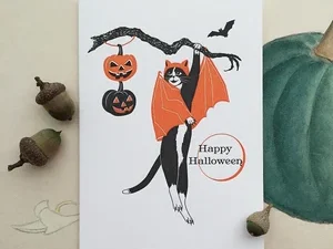 Halloween Bat Cat Letterpress Card | Halloween Cards Handmade