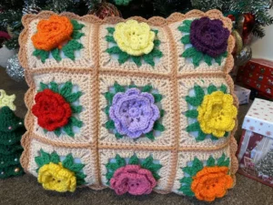 Handmade Crochet Cushion Cover With Flowers