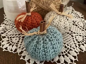 3 Handmade Crochet Pumpkin Halloween Autumn Fall Decor Farmhouse Turquoise