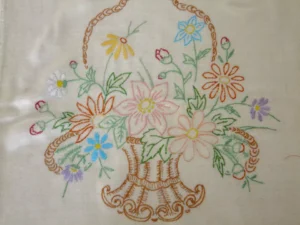 Vintage Hand Embroidered Cushion Cover Flower Basket Floral Embroidery 60s Vtg