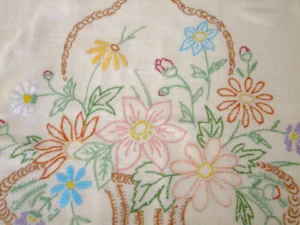 Vintage Hand Embroidered Cushion Cover Flower Basket Floral Embroidery 60s Vtg