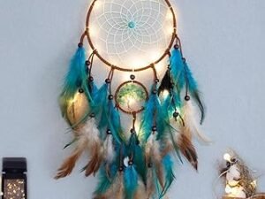 Dream Catcher Blue Tree of Life with Feathers, Mobile LED Fairy Lights Handmade Indians Traditional Circular Net for Wall Hanging Decor, Bedroom Kids, Home Decoration Wedding Party Blessing Gift