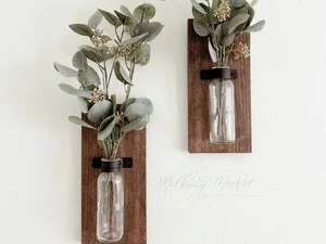 Rustic Wood Farmhouse Sconces, Wood Wall Sconces, Farmhouse Wall Decor, Propagation Wall Hanging, Glass Wall Vase Set of 2, Boho Wall Sconce