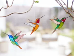 Hummingbird suncatcher window hangings Set of 3 hummingbirds Bird lover gift Stained glass decor Gift for mom Glass bird decor