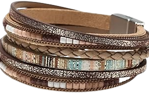 Fesciory Leather Wrap Bracelet for Women – Boho Leopard Multi-Layer Crystal Beads Cuff Jewelry