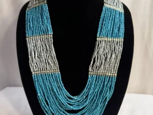 Estate Multi Strand Silver And Blue Seed Bead Statement Necklace Boho Retro 30”