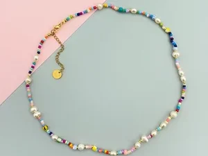 Random colorful seed bead and freshwater pearl beaded necklace