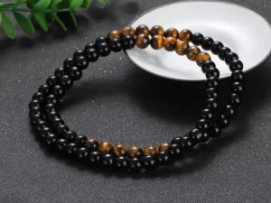 Mens Beads Necklace Black Obsidian Tiger Eye Stone Healing Chakra Necklace 24”