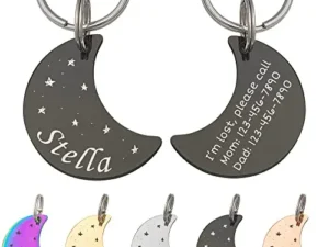 Anavia Starry Sky Pet ID Tags – Personalized Half Moon & Star Shapes, Glossy Stainless Steel, Gold Plated Black Rainbow Collar Tag