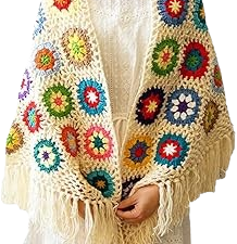 Handmade Crochet Poncho Cape Shawl – 68x33in Fringed Wrap with Granny Square Pattern