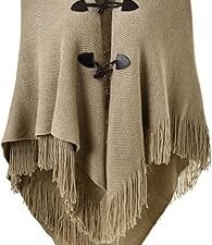 Women’s Loose Fitting Poncho Cape Shawl with Stylish Horn Buttons, V Neckline, and V Hem