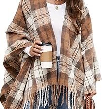 VIMPUNEC Women Boho Buffalo Plaid Poncho Pashmina Shawl Wrap Cape Sweater with Tassel