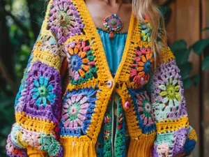 Colorful Handmade Crochet Granny Square Cardigan – Boho Chic Women’s Outerwear