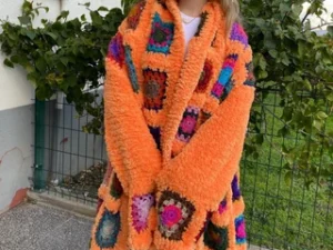 Colorful Handmade Crochet Cardigan and Hat Set – Women’s Boho Patchwork Sweater