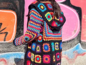 Colorful Granny Square Crochet Cardigan – Handmade Plus-Size Patchwork Coat