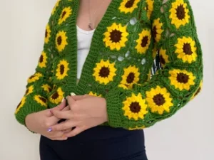 Sunflower Crochet Granny Square Cardigan – Green Floral Boho Sweater