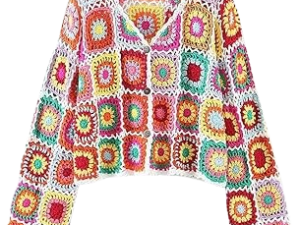 Vintage Floral Crochet Granny Square Cardigan – Hollowed-Out Long Sleeve Sweater Coat