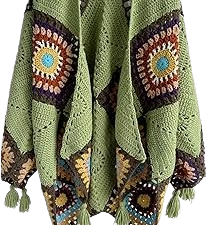 Women’s Handmade Crochet Fringed Cardigan – Long Sleeve Poncho Cape Shawl Wrap