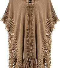 Women’s Casual Poncho Hooded Cape with Decorative Buttons