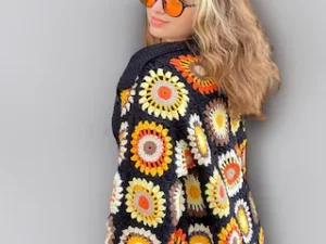 Granny Square Sunflower Crochet Cardigan – Long Handmade Sunflower Pattern Knitwear