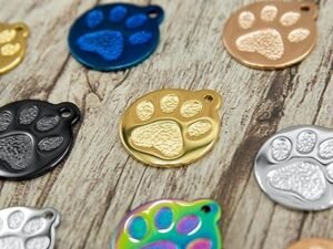 Engraved Pet Tag for Dogs and Cats – Personalized Front & Back up to 4 Lines of Text Custom Engraved ID, Round Paw Print Solid Plating Stainless Steel Blue Regular